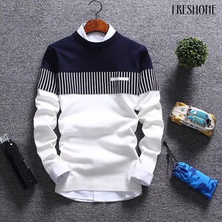 FR Men Color Block Stripe Round Neck Long Sleeve Slim Knitted Pullover Sweater Top