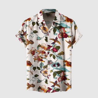 Camisa Masculina Havaiana Manga Curta Gola Virada Estampa De Pássaro E Flor