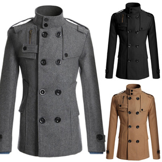 Yar_Men Long Sleeve Lapel Collar Double-breasted Pockets Woolen Slim Trench Coat (2)
