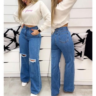 calça pantalona jeans wide leg feminina com rascada 877