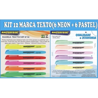 KIT 12 Canetas Marca Texto Masterprint MP 612 Sortidas Cores Variadas Neon e Pastel