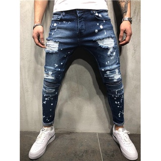 Calças de brim dos homens regular ajuste imprimir buraco quebrado design moda tornozelo zíper jeans magros para o verão moda hip hop azul estiramento jeans