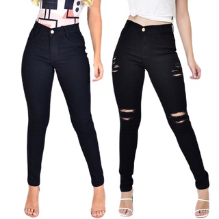 Calça Preta Jeans Feminina Skinny Com Lycra Costura Levanta Bumbum Cintura Alta