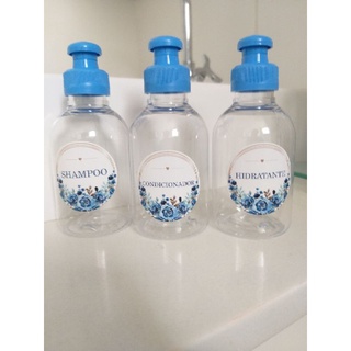 kit 3 frascos vazios plástico coloridos tampa push varias cores 100ml para fracionar shampoo e condicionador viagem