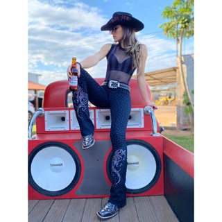 Calça Feminina Preta moda country inteira de brilho luxo texas ranch jeans
