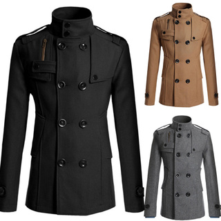 Yar_Men Long Sleeve Lapel Collar Double-breasted Pockets Woolen Slim Trench Coat (3)