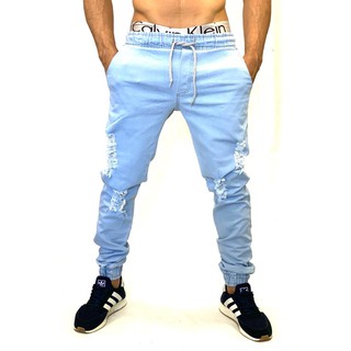 Calça Jogger Delave Preta Azul Medio Rasgada Masculina Jeans Oferta