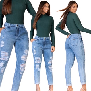 Calça Mom Jeans Feminina Destroyed Boyfriend Rasgada Detonada Baggy Lançamento 2022 Moda Blog