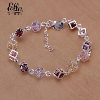 Ellastore Pulseira Colorida Com Cubo Banhado A Prata | Ellastore lady Silver Plated Cube Colorful CZ Bracelet Bangle Jewelry Gifts