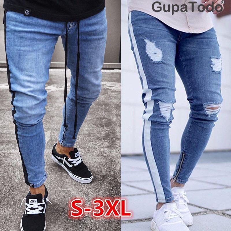 Novos Jeans Mens Skinny Stretch Calças Slim Fit Lápis Buraco (1)