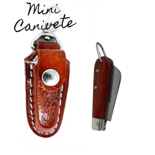 Mini Canivete Chaveiro Inox Cabo Madeira + Bainha De Couro