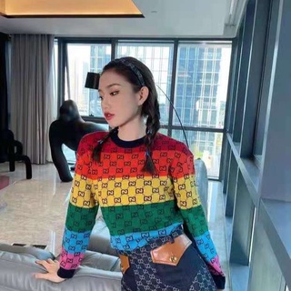 Autumn Winter GG Rainbow Candy Temperament Loose Long Sleeve Round Neck Sweater For Womens (5)