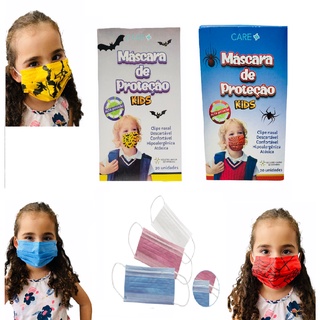 Caixa com 20 Máscaras Descartáveis Dupla Proteção Infantil Kids CARE+ BRANCA AZUL ROSA DESENHOS CLIPE NASAL