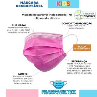 Máscara Descartável De Proteção Facial Tripla Cx C/ 50 Pçs Rosa Infantil