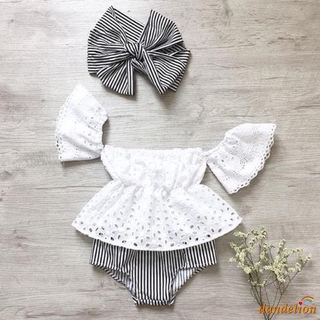 DANDELION-Summer Baby Girl Off Shoulder Short-Sleeved Dress Tops + Stripe Briefs Clothing Set 0-24 Months