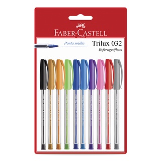 KIT Caneta Esferográfica Trilux Colors 1.0mm - Faber-Castell - com 10 unidades cores metálicas, pasteis, neon e tradicionais