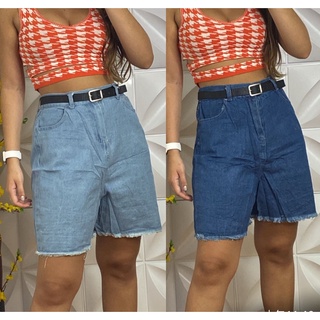 short Jeans Feminina cintura alta com bolsos com cinto Tamanho grande (1)