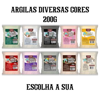Argilas varias cores 200g skin care (Branca, Verde, Rosa, Preta, Vermelha, Amarela, Roxa, Cinza, Marrom, Bege)