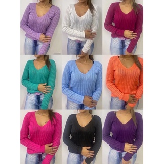 Suéter feminino tricot gola V básico