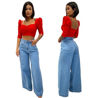 Calça jeans wide lag pantalona moda feminina