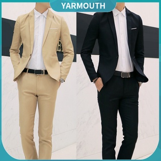 Yar_2Pcs Office Business Men Solid Color Lapel Long Sleeve Slim Blazer Pants Suit (1)