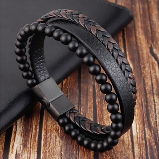 Stainless Steel Men's Magnetic Bracelet/Natural Stone Beaded Leather Bracelet/Multi-turn