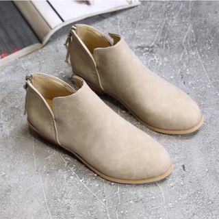 Women Autumn Solid Leather Ankle Boots Cut-out Low Heel Round Toe Back Zipper Casual Boots Non-slip Short Bootie (2)