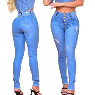 Calça Jeans Feminina Skinny Costura Levanta Bumbum detalhes em Destroyed Com Lycra.
