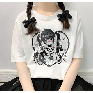T Shirs 2021 Camiseta Folgada De Mangas Curtas Com Desenho Japonês / Harajuku / Escuro Para Meninas / Verão