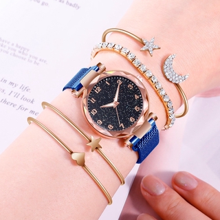 5Pcs【Relógio Feminino De Aço Inoxidável + Pulseira De Ouro Rosa】Gypsophila Dial / Analog Quartz Watch Relógios Femininos (8)