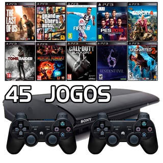 Sony Ps3 Playstation 3 Super Slim + 2 Controles + Gta5 + Fifa 19 + God of War + Uncharted + Tomb Raider