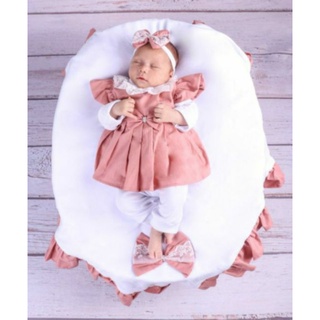 Saída de maternidade bebê menina rosé/vermelha/rosa luxo vestido renda 4 peças (4)