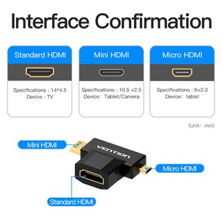 Adaptador Vention 2 em 1 Micro HDMI/Mini HDMI para HDMI Macho para Fêmea 1080P 3D (3)