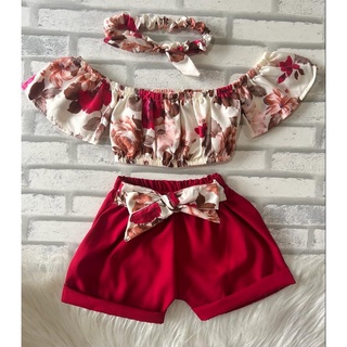 conjunto infantil para menina moda blogueirinha blusa + shortinho + tiara de brinde! veste 1-6 anos (1)