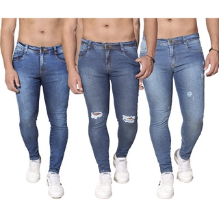 Kit 3 Calças Jeans Masculina Super Skinny Americana em Jeans Ultra Power Ultra Lycra Elastano Rasgadas e lisas
