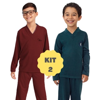 Kit 2 Pijama Infantil Menino Longo Manga Longa Calça Masculino Liso de Frio 040LI (4)