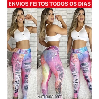 Legging de Academia Moda Fitness Blogueira Feminino Fake Jeans Cintura Alta Suplex