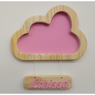 Nuvem de madeira pinus com nome personalizado para decoração porta de maternidade e quarto de bebe