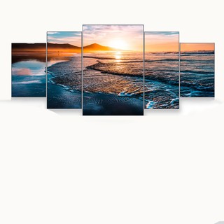 Quadro Decorativo Mosaico 5 Peças Para Quarto Sala Paisagem Mar Por do Sol 4k 128x60