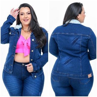 Jaqueta Jeans Feminina Plus Size Azul Premium Lycra