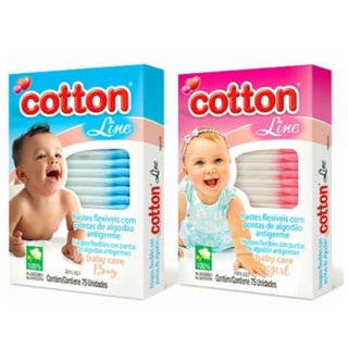 Cotonete Hastes Flexíveis Cotton Line Baby Rosa e Azul 75 unidades .