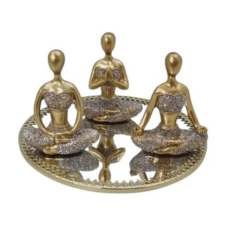 Kit Com 3 Estátuas Enfeite Decorativo Meditação Posições De Yoga em Resina 6cm + Bandeja Espelhada