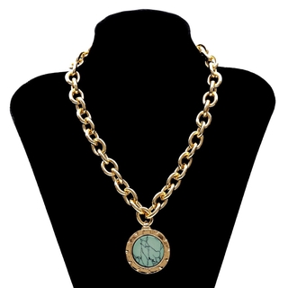 Vintage Green Stone Pendant Necklace Statement Gold Color Heavy Metal Long Chain Necklace Gifts (7)