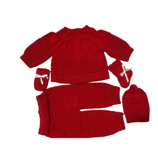 Conjunto Calça, Casaco e Kit com Touca, Luva e Meia Bebê Tricô Vermelho