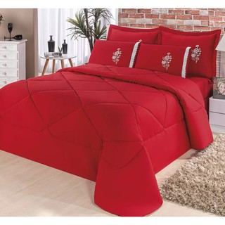 Kit 6 peças para cama Queem conforto edredom + jogo de lençol vermelho
