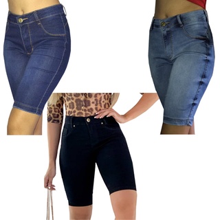 Kit 3 Bermudas Femininas Ciclista Cintura Alta Jeans Com Lycra (Até O Joelho) Veste Bem Levanta Bumbum