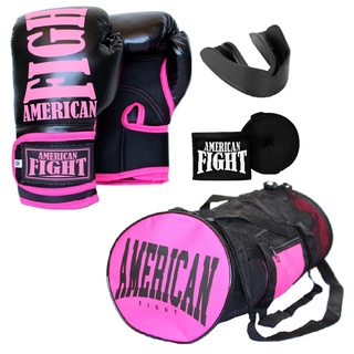 Kit Boxe Muay Thai Luva Bolsa Bandagem Bucal American Fight - Rosa (1)