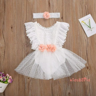 ❥♚❃-Baby Girls White Romper, Infant Sleeveless Lace Flower One-Piece, Round Neck Romper + Headwear, 0-24 Months