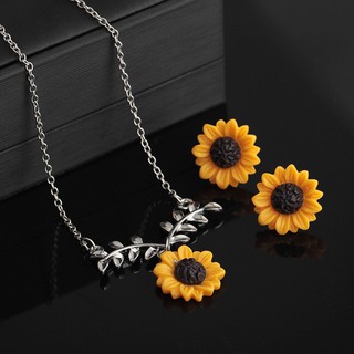 Conjunto de 2 peças Venda quente folha de girassol linda flor pendente colar brincos acessórios femininos joias da moda