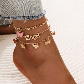 3 Pcs/Set Sweet Gold Color Butterfly Anklets for Women Letter Angel Anklets Bracelet Foot Jewelry Gifts